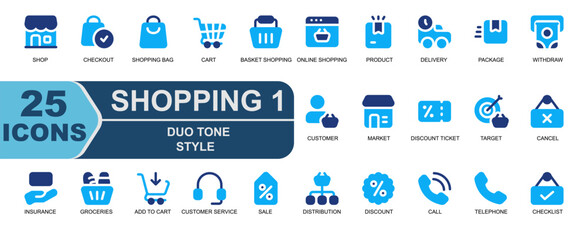 set shopping icon.blue duo tone style.contains checkout,buy,shopping bag,cart,shop,discount ticket,target,goal,checklist,open.
