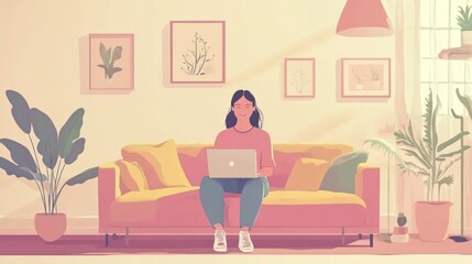 Woman working on laptop from home, cozy living room.