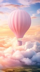 Fototapeta premium Pink hot air balloon floats gracefully above fluffy clouds at sunset, AI