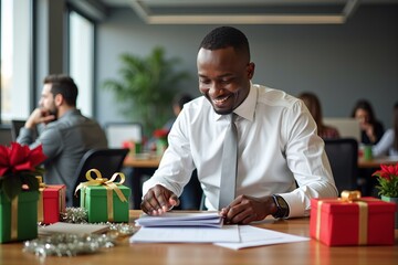 Middle aged Black man organizing holiday party invitations at office desk