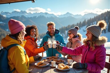 Friends Celebrating Après-Ski on Mountain Terrace