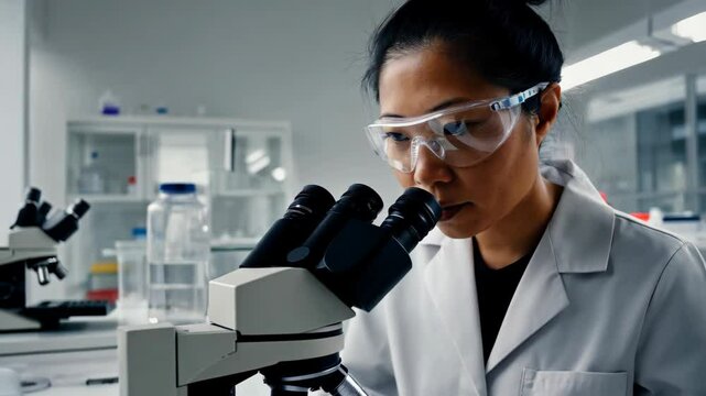 A female Asian scientist in a lab coat examines samples closely using a microscope for research and analysis