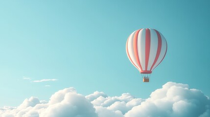 Fototapeta premium Red and white hot air balloon floats above fluffy clouds in a clear blue sky.