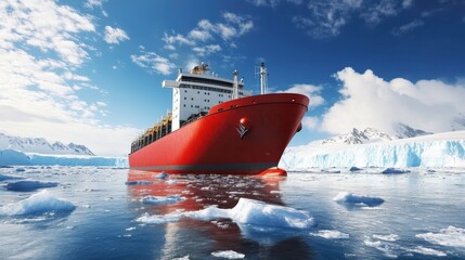 Bright Red Cargo Ship Navigating through Icy Waters of the Arctic, Surrounded by Majestic Icebergs and Stunning Blue Skies on a Sunny Day