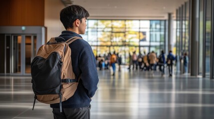 A young man wearing a backpack gazes ahead in a spacious indoor area filled with people, highlighting a busy atmosphere in daylight