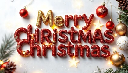 Merry Christmas with golden and red text logo with small balls