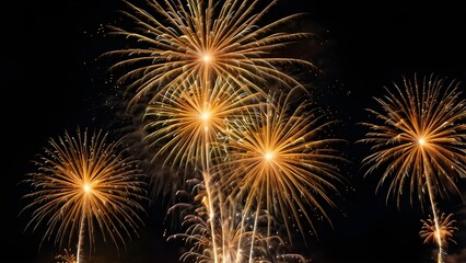 Naklejka premium Dazzling patterns of light and sparkles are produced as golden fireworks burst against the pitch-black night sky.