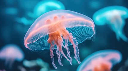 Fototapeta premium Translucent jellyfish glows softly in the ocean's depths, surrounded by a serene blue hue, AI