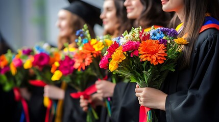 Fototapeta premium Female graduates in caps and gowns hold colorful bouquets of flowers at graduation ceremony.