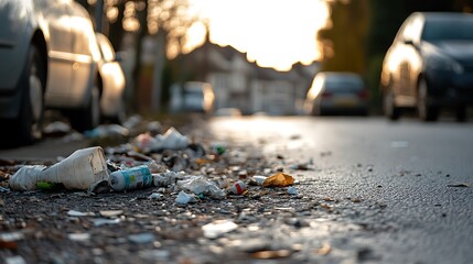 Obraz premium Litter and trash on residential street at sunset.