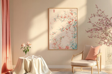 Elegant room with floral art and soft lighting.