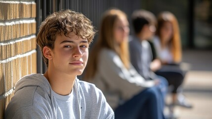 Fototapeta premium Groups of teenagers enjoy their time together near a school, chatting and laughing while seated in the warm afternoon sun