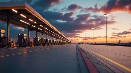 Fototapeta premium Modern Fuel Station at Sunset with Dramatic Clouds and Warm Light, Symbolizing Convenience and Travel for Road Trips in an Urban Setting