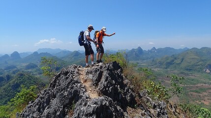 Obraz premium Two hikers stand on a mountain peak, enjoying panoramic views of a valley.