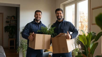 Two cheerful movers gesture thumbs up while holding moving boxes surrounded by houseplants in a sunny living room