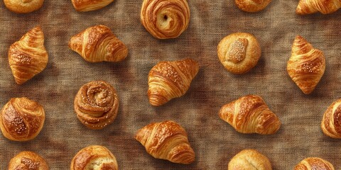 Fototapeta premium Golden-Brown Baked Goods on Rustic Burlap - Delicious Pastry Pattern