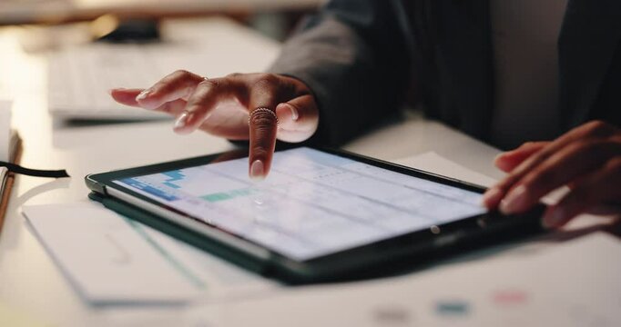 Data analysis, scroll and hands of woman with tablet, business plan and checking financial report. Erp, statistics and businesswoman on digital app for budget proposal, research and sales development