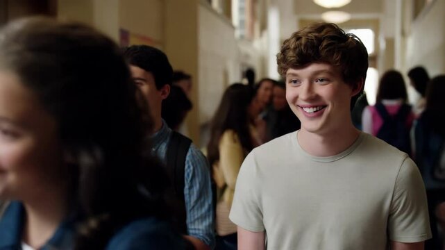 A young White man interacts with peers in a lively school hallway filled with students chatting and moving about