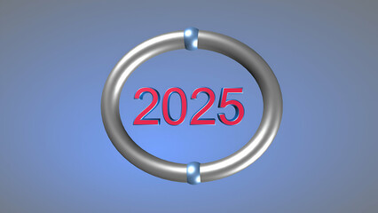 2025 Text written within silver circle on light blue background