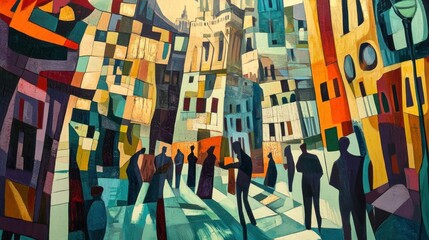 A cubist interpretation of a crowded city square.