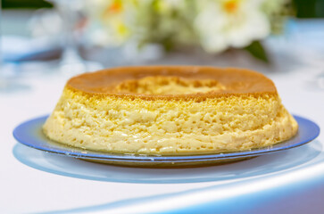 Milk ans eggs Pudding or Pudim de leite. Brazilian dessert homemade caramel custard pudding. Traditional brazilian flan
