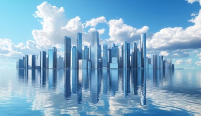 Fototapeta premium Modern City Skyline with Skyscrapers Reflecting in Calm Urban Lake, Clear Blue Sky and Fluffy Clouds, Symbolizing Growth, Innovation, and Luxury Living.
