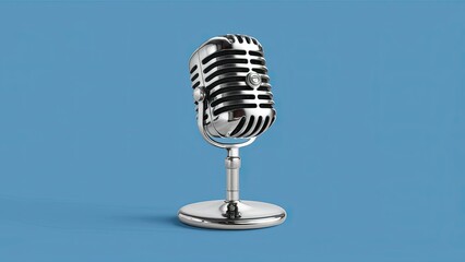 A vintage chrome microphone stands elegantly on its polished stand set against a vibrant blue...