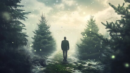 Solitude in a Winter Forest. Concept of introspection and contemplation.