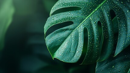 Fototapeta premium Close-up of raindrops on the edge of an intricate monstera leaf