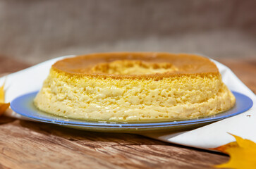 Milk ans eggs Pudding or Pudim de leite. Brazilian dessert homemade caramel custard pudding. Traditional brazilian flan