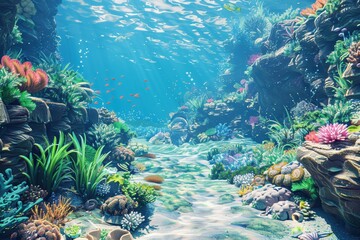 Fototapeta premium Vibrant underwater scene showcasing coral reefs and marine life.