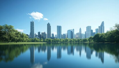 Fototapeta premium Modern City Skyline with Skyscrapers Reflecting in Calm Urban Lake, Clear Blue Sky and Fluffy Clouds, Symbolizing Growth, Innovation, and Luxury Living.