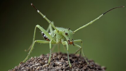 Close-up of a vibrant green insect on soil.