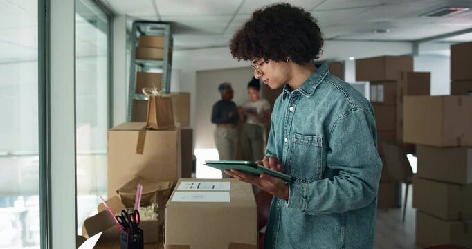 Man, logistics and tablet with box for inventory inspection, storage or checking stock for delivery at warehouse. Male person, distributor or package with technology for online shopping or shipping