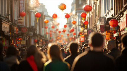 Crowded street during a vibrant festival with lanterns