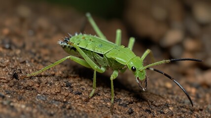 Close-up of a vibrant green insect on bark.