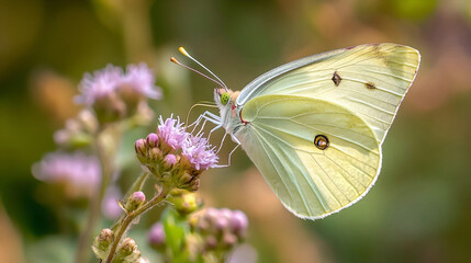 Delicate white butterfly perched on pink flowers  
