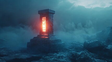 Glowing stone pillar in a mystical, foggy landscape.