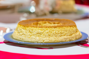 Milk ans eggs Pudding or Pudim de leite. Brazilian dessert homemade caramel custard pudding. Traditional brazilian flan