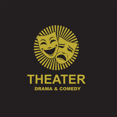 icon of golden comedy and tragedy theatrical masks isolated on black background