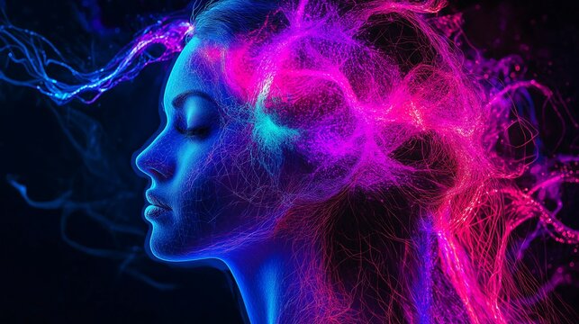 Create a depiction of a neural network featuring a female figure illuminated in vibrant neon hues of violet, blue, and pink, set against a dark background, rendered in a realistic style