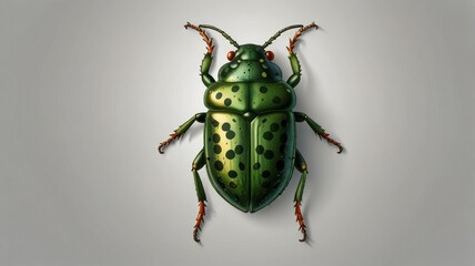 Fototapeta premium Detailed illustration of a green beetle with orange legs and yellow spots on a gray background.