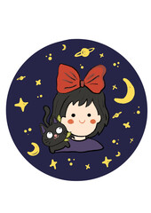 cute girl and black cat with moon, stars, and planet illustration