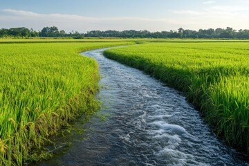 Obraz premium Serene Landscape of Lush Green Rice Fields with a Meandering Stream Flowing Through Vibrant Agricultural Scenery Under a Clear Blue Sky
