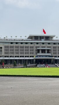 Frontal perspective of Independence Palace or Reunification Palace Dinh Doc Lap is designed main public landmark in the afternoon by architect. Ngo Viet Thu