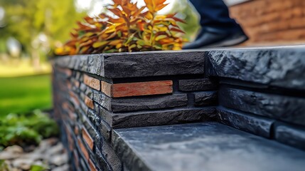 A modern, stylish concrete or brick low wall with sleek, designed for a contemporary residential space