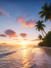 Fototapeta premium A tranquil tropical beach at sunset, with leaning palm trees casting long shadows on the golden sand, and vibrant hues reflecting on gentle waves. Generative AI
