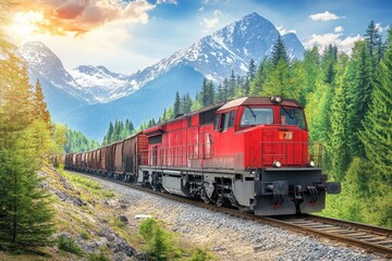 Vibrant Red Freight Train Traveling Through Majestic Mountain Landscape Under Bright Blue Sky and Sunlight, Surrounded by Lush Green Trees and Scenic Views