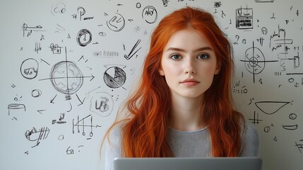 A woman with red hair on a laptop, with illustrations around her head to show her ADHD problem-solving skills and quick thinking problem solving skills