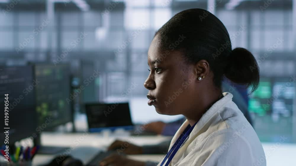 Poster close up of programmer in data center implementing ai predictive maintenance systems. focus on it pr